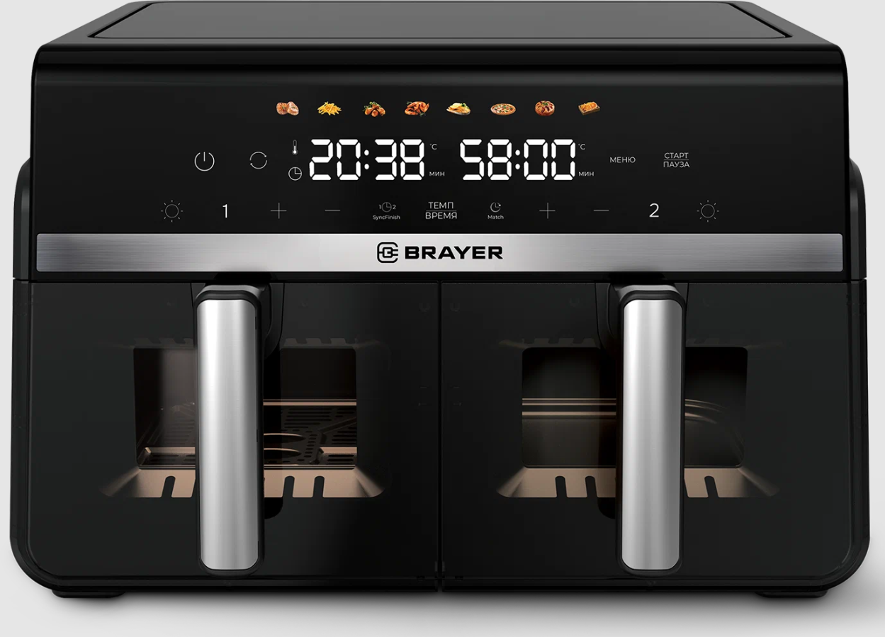 Аэрогриль BRAYER BR2050, 2200 Вт,10 л, 2 чаши, t. 200С, съемная решетка, LED-дисплей, 8 программ
