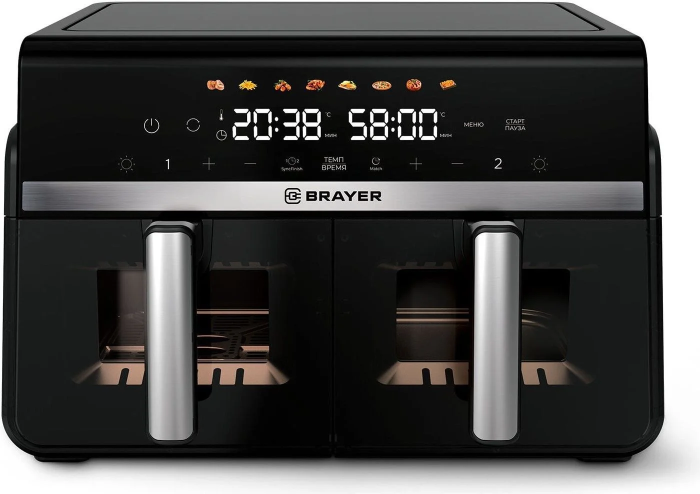 Аэрогриль BRAYER BR2050, 2200 Вт,10 л, 2 чаши, t. 200С, съемная решетка, LED-дисплей, 8 программ