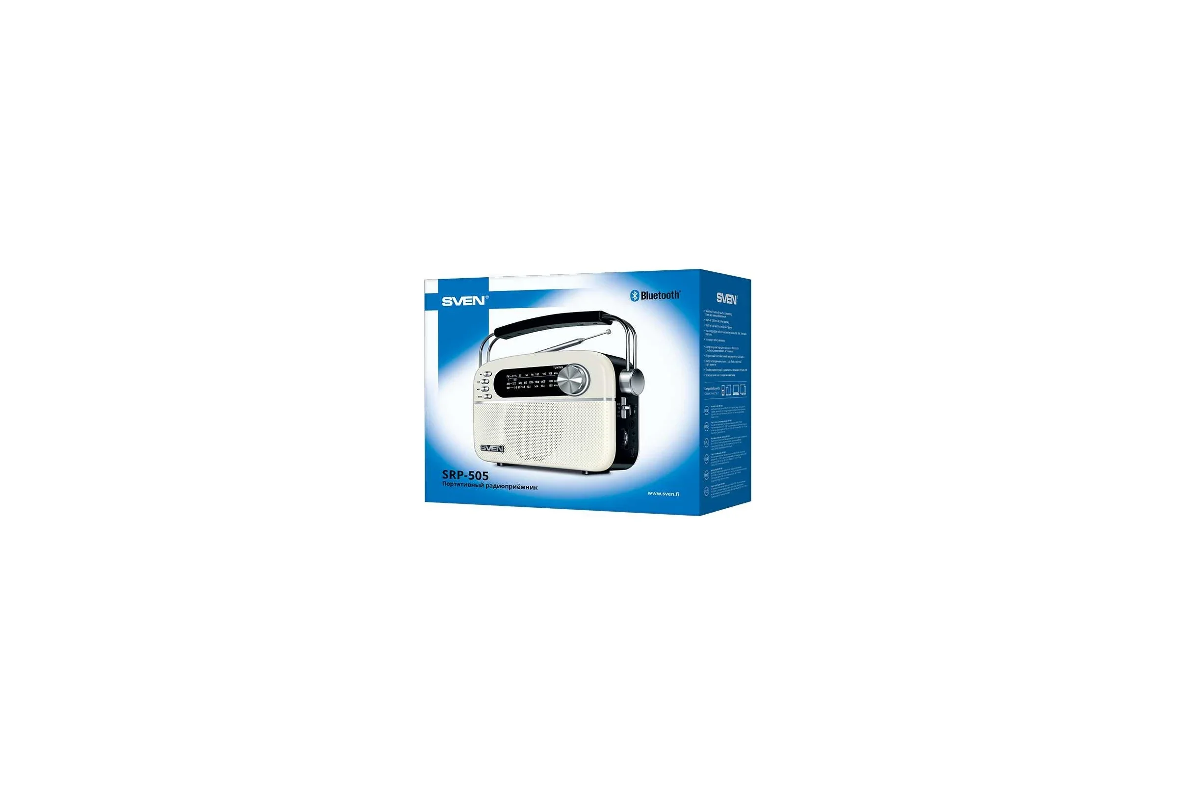SVEN SRP-505, белый (3 Вт,Bluetooth, FM/AM/SW, USB, microSD, AUX,  встроенный аккумулятор)