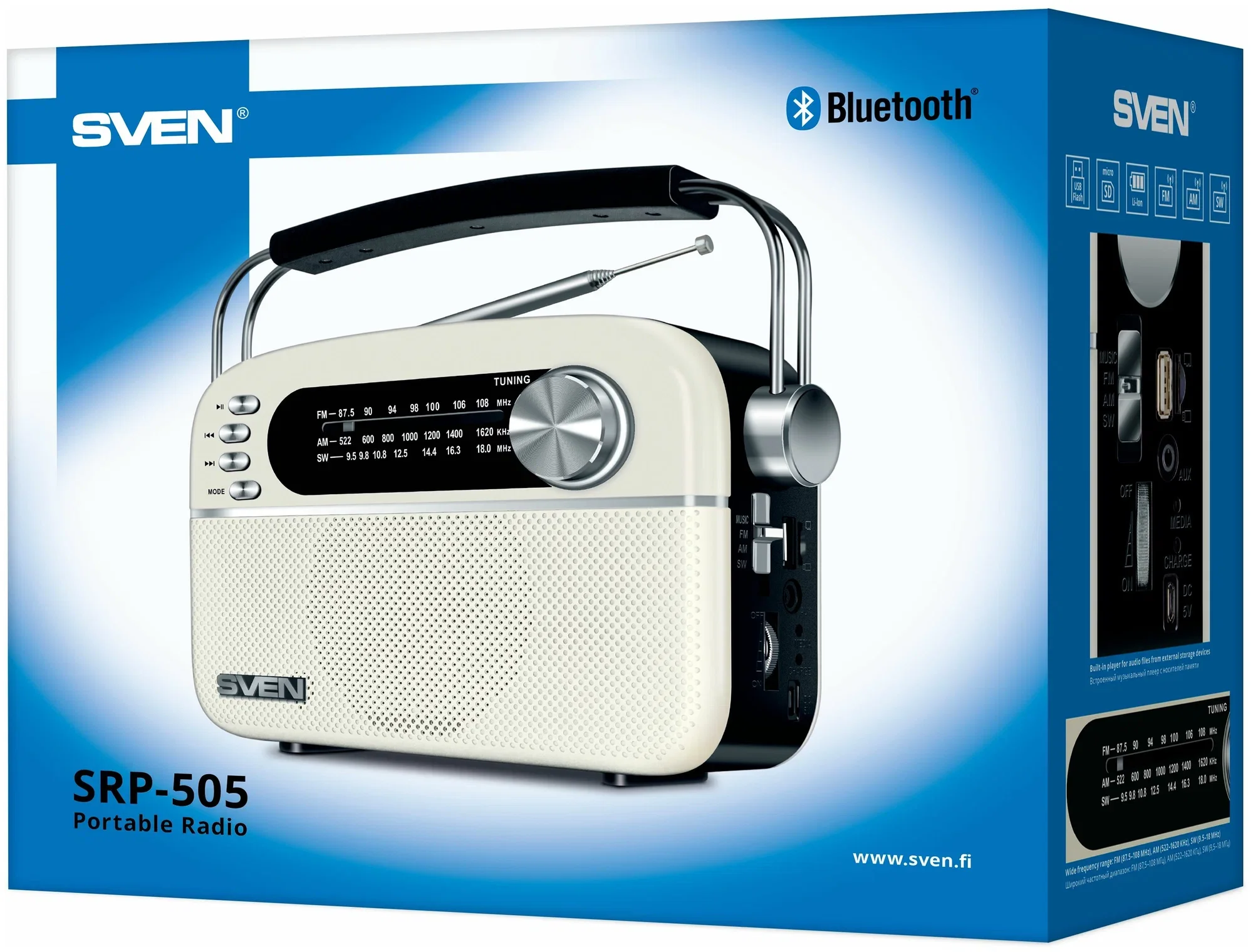 SVEN SRP-505, белый (3 Вт,Bluetooth, FM/AM/SW, USB, microSD, AUX,  встроенный аккумулятор)