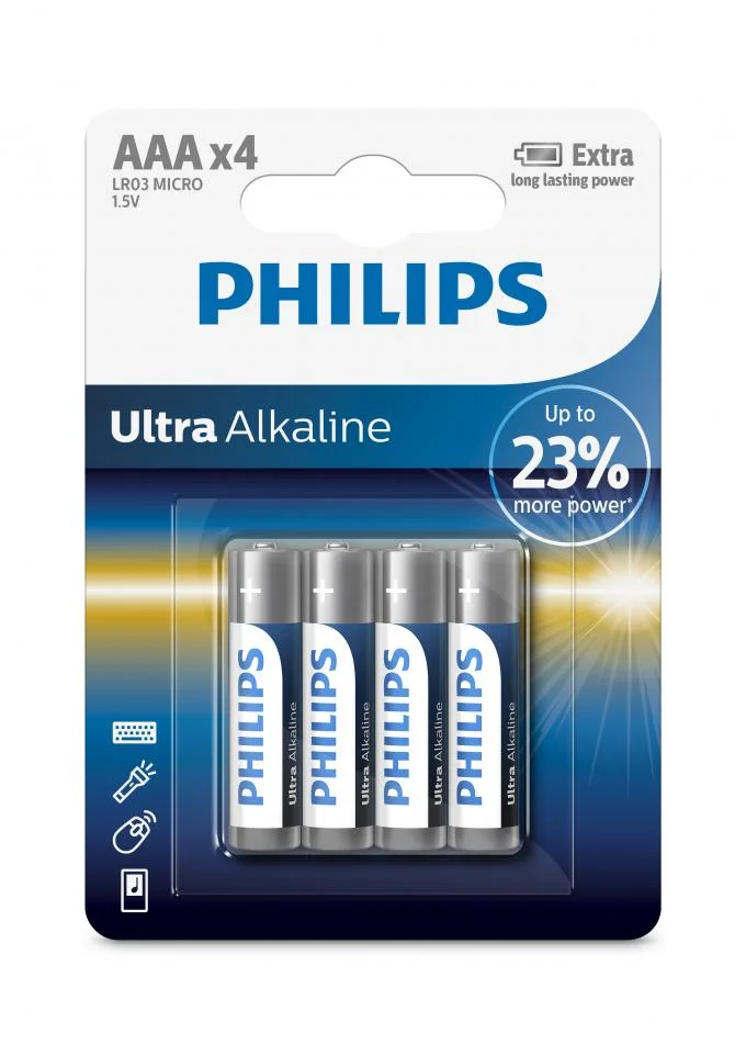 Philips Батарейки LR03E2W/51 ААА алкалиновые 1,5v, LR03-2BL Ultra (2/24/144/14400). Блистер 2 шт.