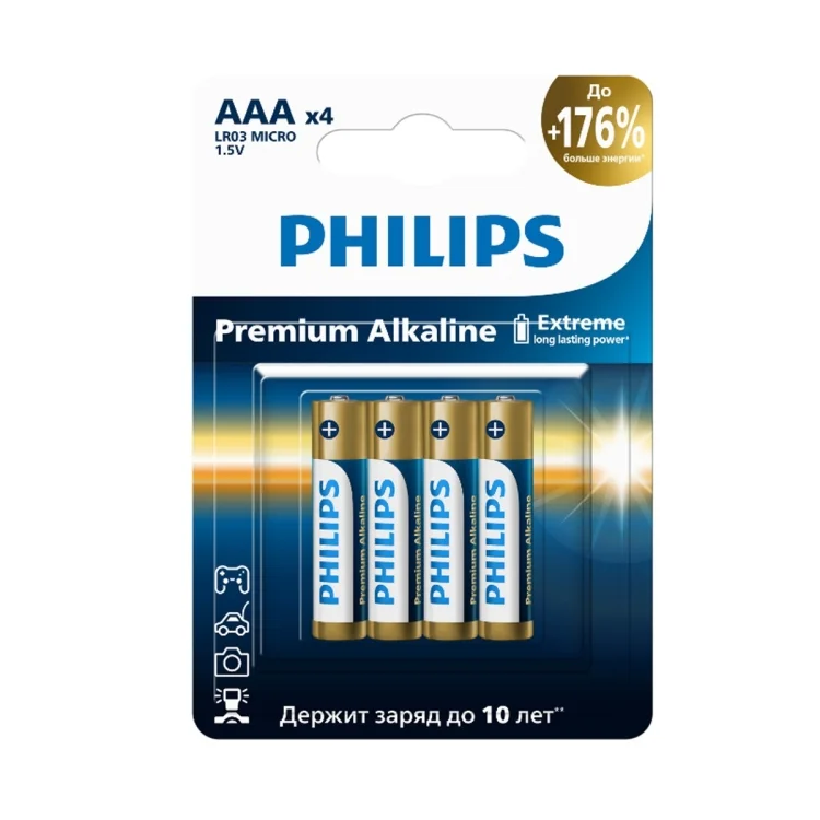 Philips Батарейки LR03M4W/51 ААА алкалиновые 1,5v, LR03-4BL Premium (4/48/144/25920). Блистер 4 шт.
