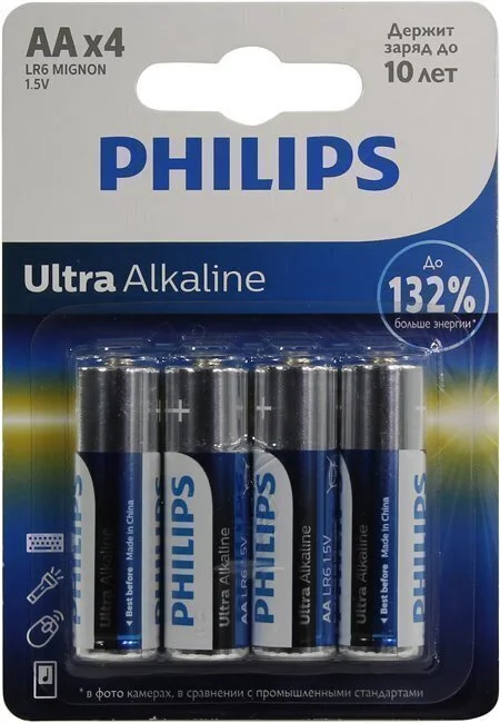 Philips Батарейки LR6E4B/51 АА алкалиновые 1,5v, LR6-4BL Ultra (4/48/144/18432). Блистер 4 шт.
