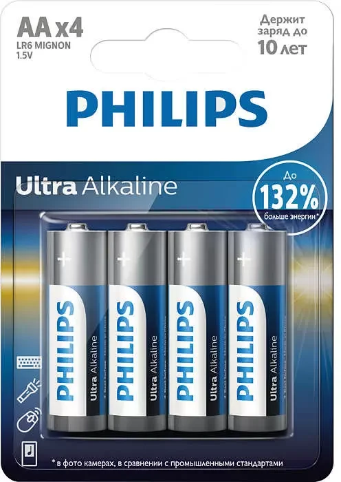 Philips Батарейки LR6E4B/51 АА алкалиновые 1,5v, LR6-4BL Ultra (4/48/144/18432). Блистер 4 шт.