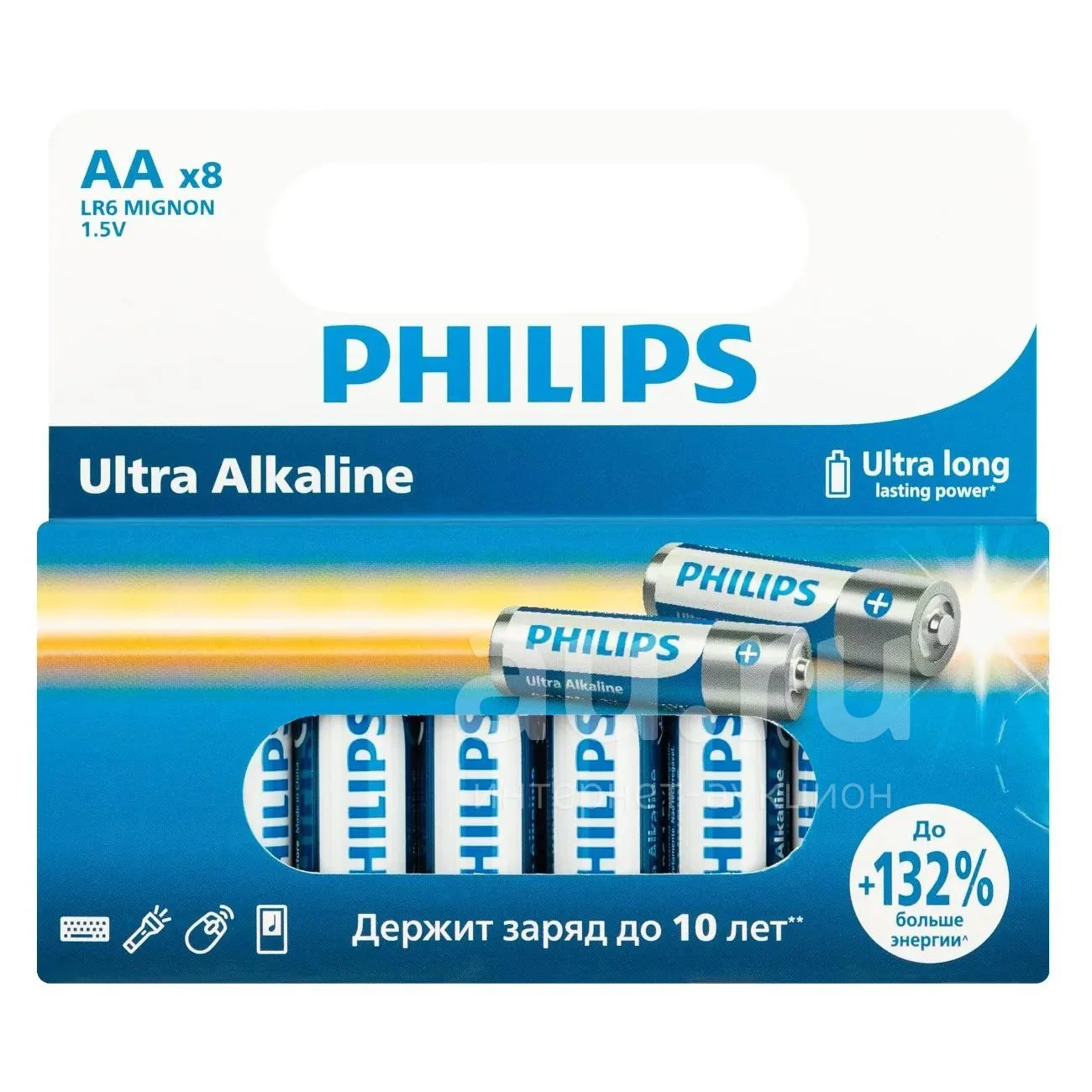 Philips Батарейки LR6E8W/51 АА алкалиновые 1,5v, LR6-8BL Ultra (8/160/19200). Блистер 8 шт.