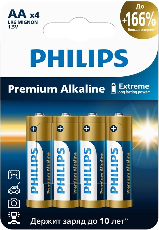 Philips Батарейки LR6M4W/51 АА алкалиновые 1,5v, LR6-4BL Premium (4/48/144/17280). Блистер 4 шт.