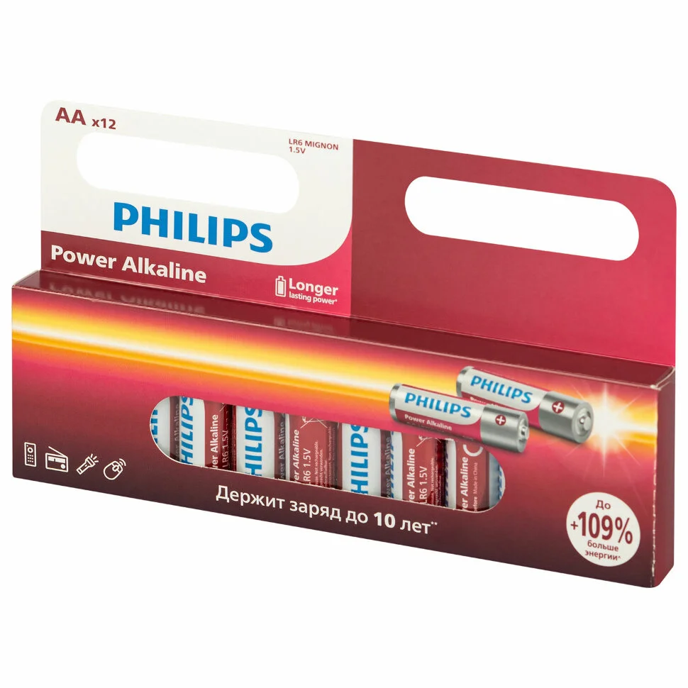 Philips Батарейки LR6P12W/51 АА алкалиновые 1,5v, LR6-12BL Power (12/240/19200). Блистер 12 шт.