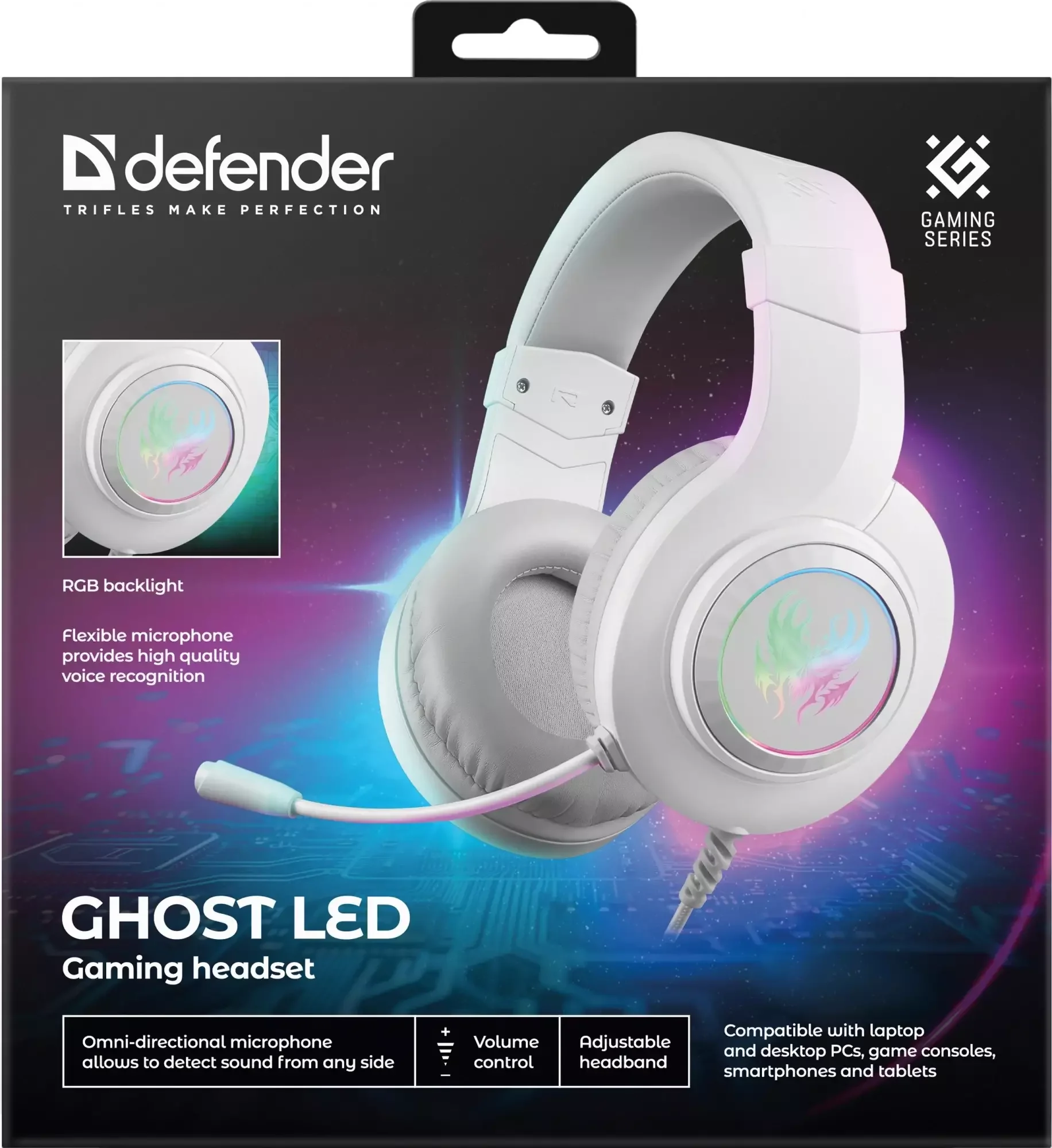 Defender Игровая гарнитура Ghost LED белый, LED, провод 1.8 м.