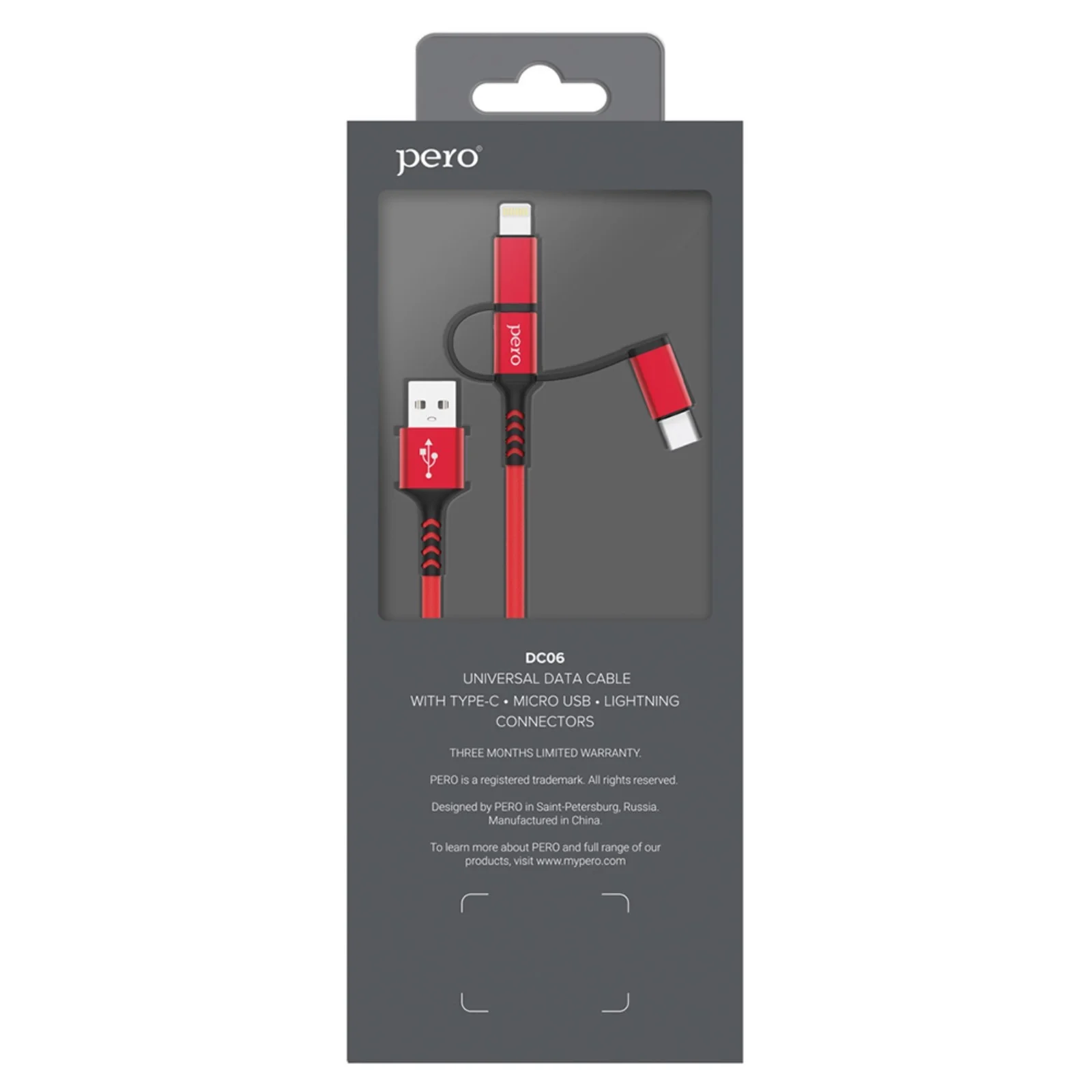 Кабель для цифровой техники и смартфонов Pero DC-06 Universal 3 in 1 Lightning/micro USB/Type-C 2А 2м красный
