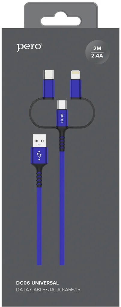 Кабель для цифровой техники и смартфонов Pero DC-06 Universal 3 in 1 Lightning/micro USB/Type-C 2А 2м черный
