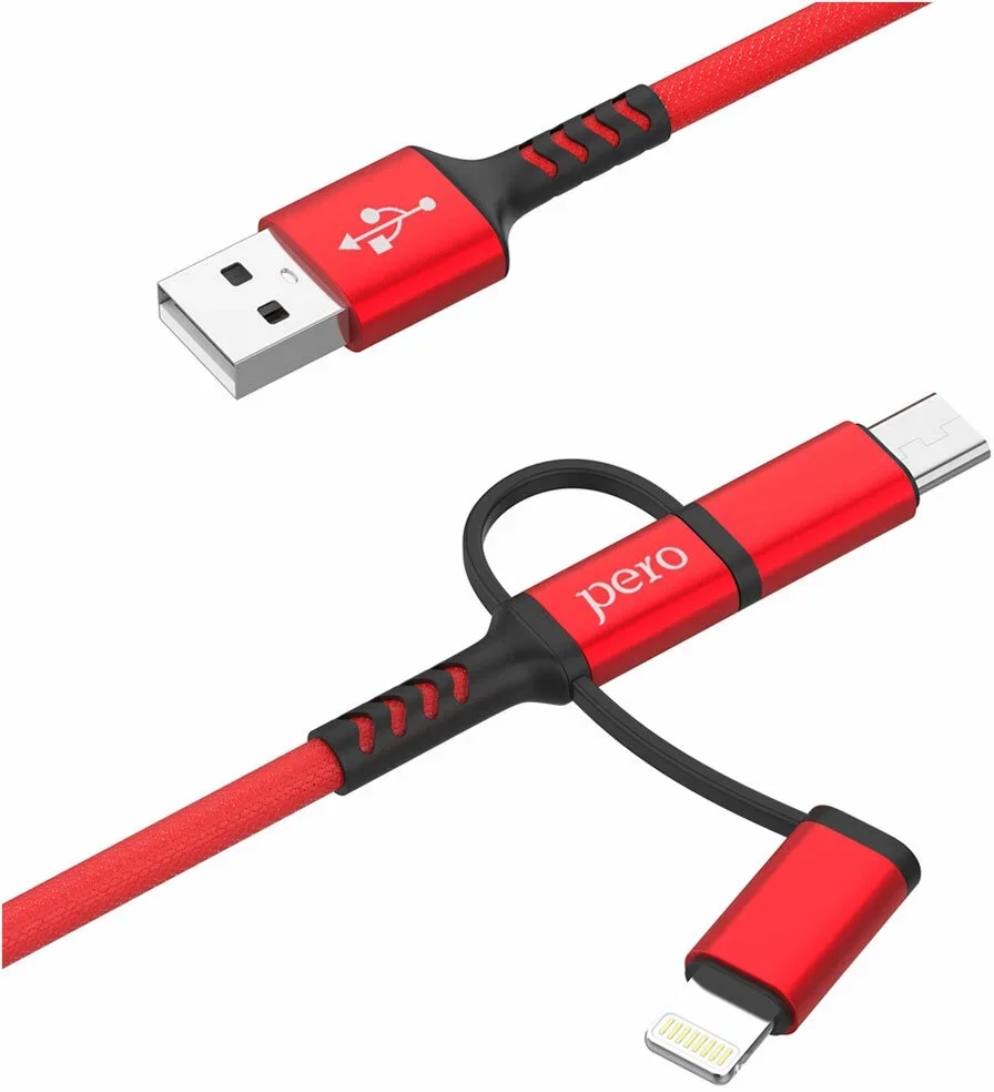 Кабель для цифровой техники и смартфонов Pero DC-06 Universal 3 in 1 Lightning/micro USB/Type-C 3А 1м красный