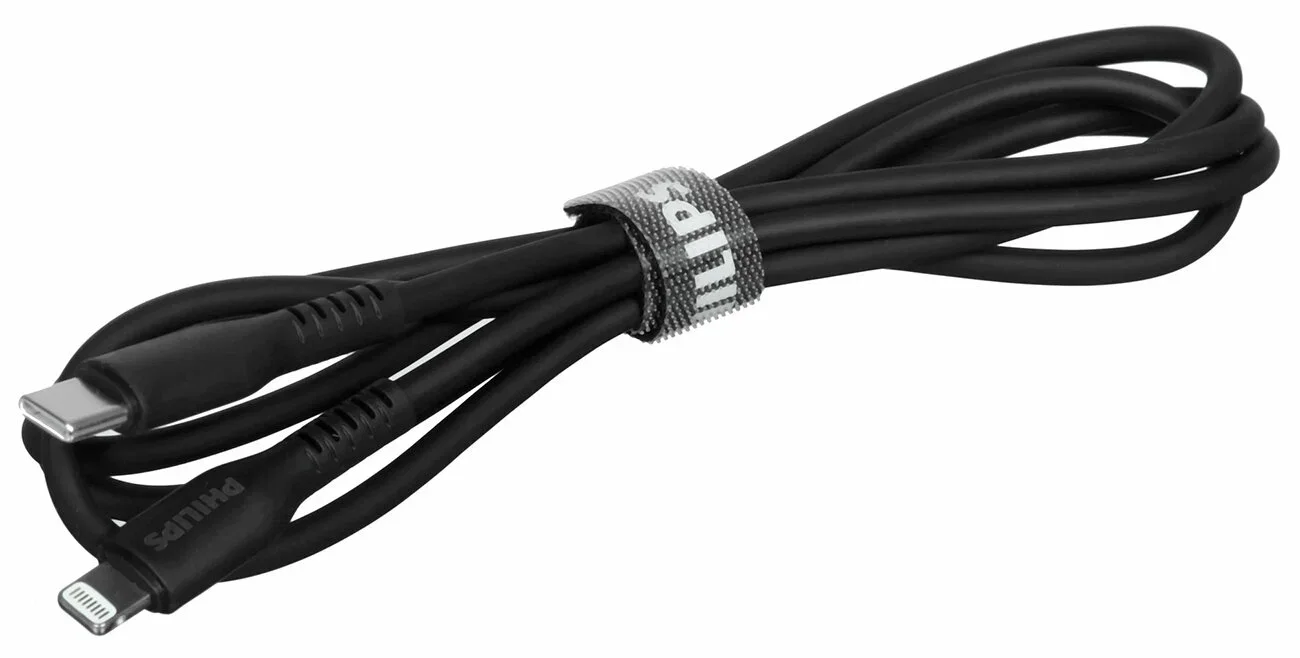 Кабель для цифровой техники и смартфонов Philips MFI, USB C - Lightning, 18W, 1.2 м, силиконовый, черный (DLC8631B/74)