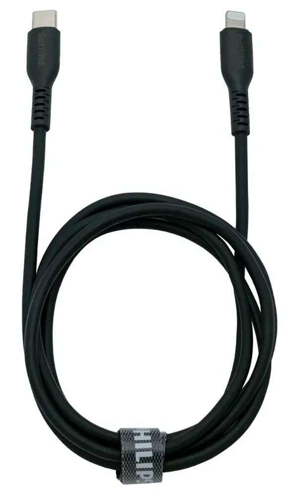 Кабель для цифровой техники и смартфонов Philips MFI, USB C - Lightning, 18W, 1.2 м, силиконовый, черный (DLC8631B/74)