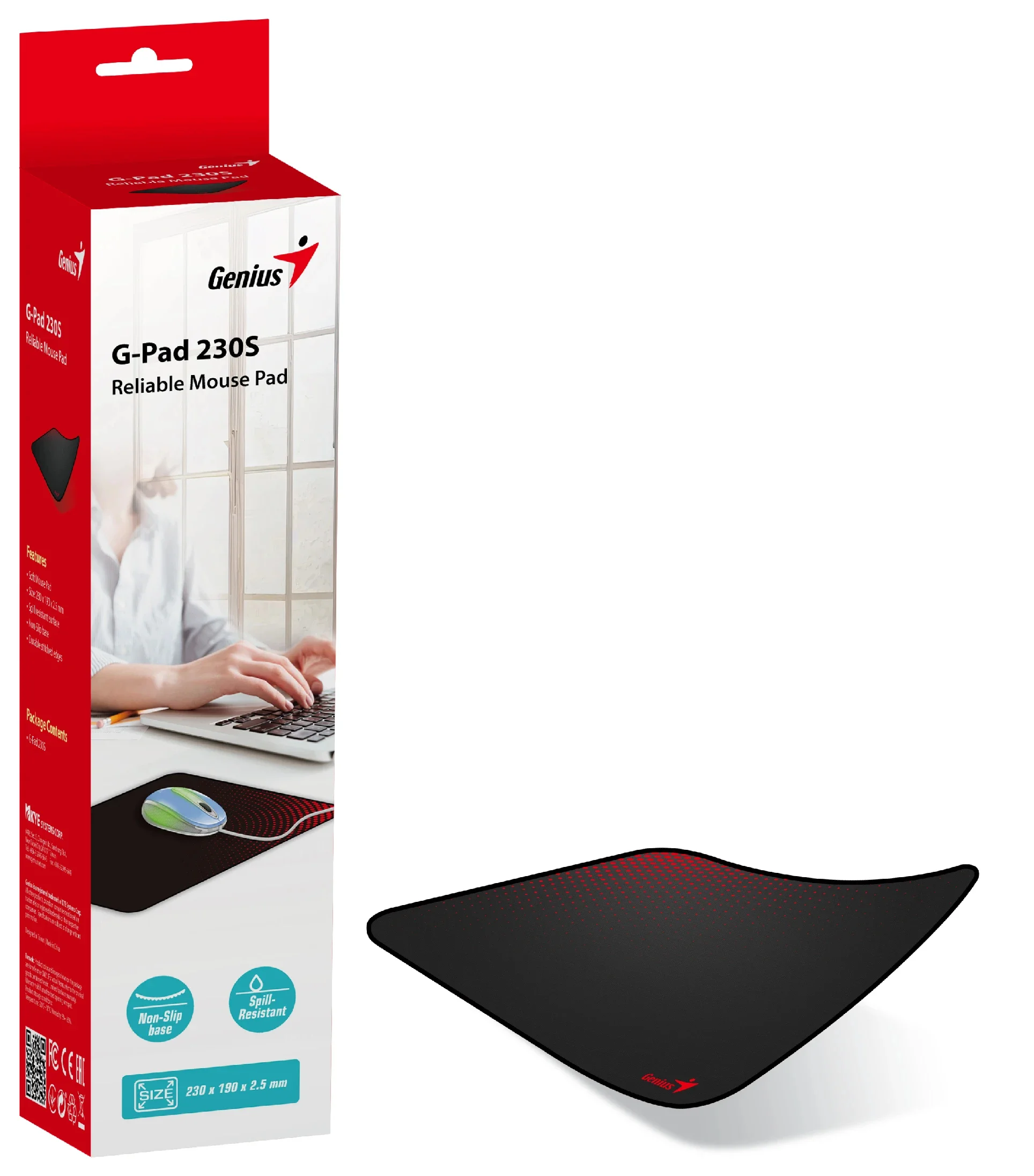 Коврик для мыши Genius G-Pad 230S. Нескользящая резиновая основа с микротекстурированной гладкой поверхностью. Размер: 230 x 2.5 x 190 мм. черный