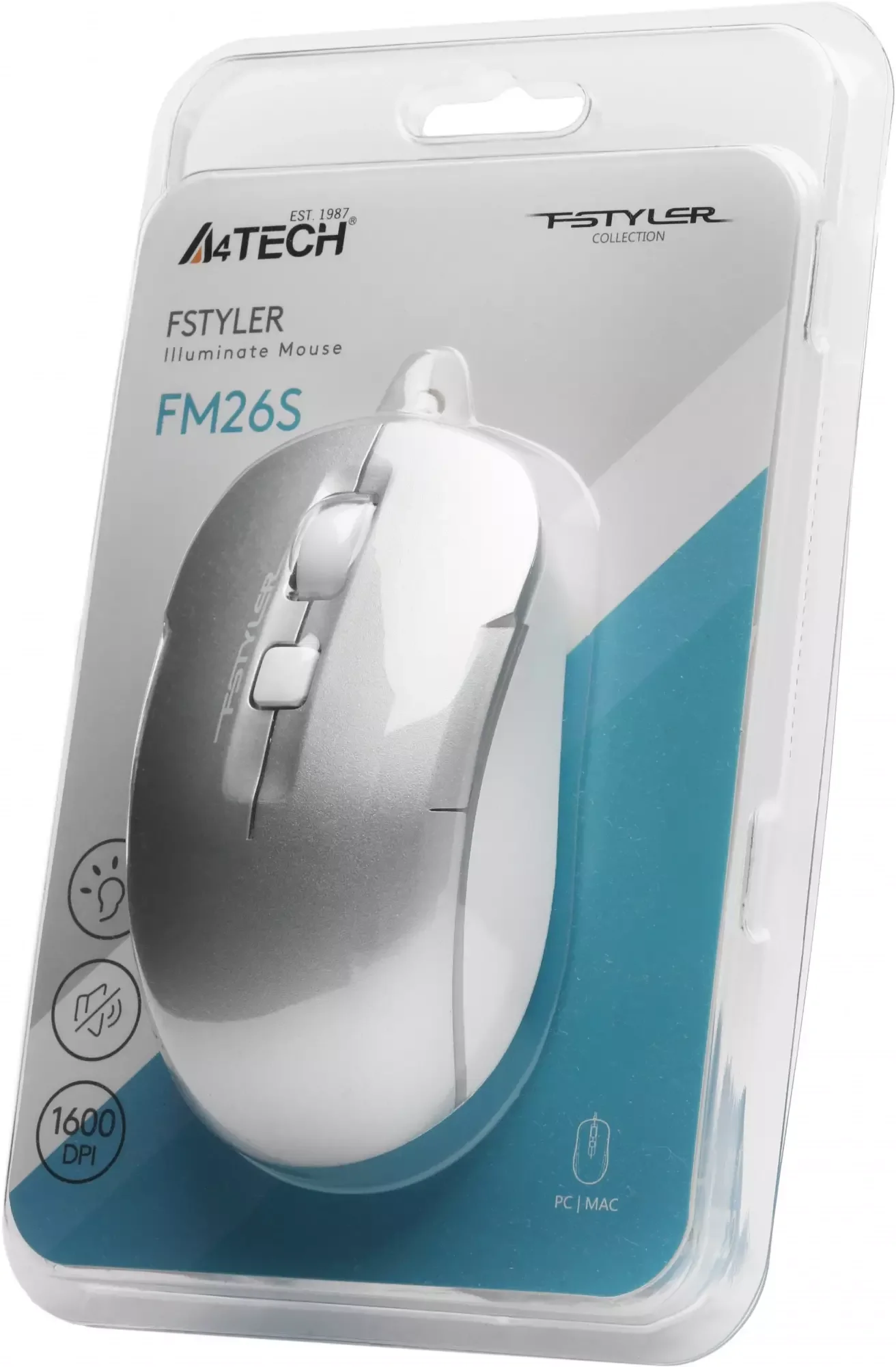 Мышь проводная A4Tech Fstyler FM26S серебристый/белый, 1600 dpi, USB, кнопки - 4