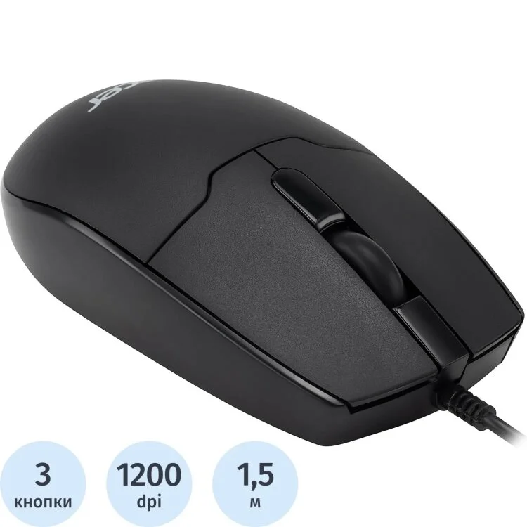 Мышь проводная Acer OMW126 черный, 1200 dpi, USB, кнопки - 3