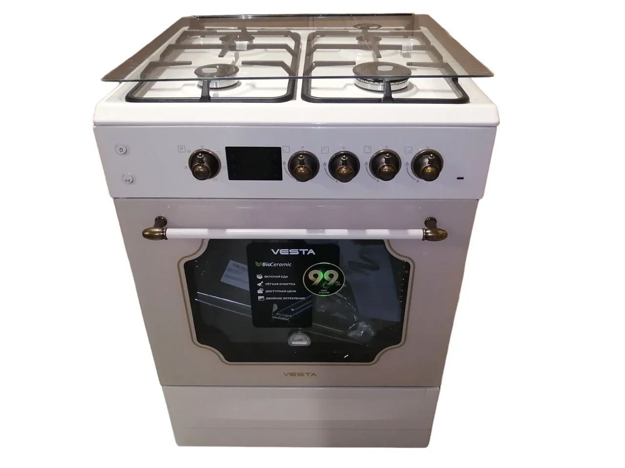 Плита комбинированная VESTA Valencia VGE 6042.1245678 Беж 60х60х85см 4 конф.газ дисплей ГК конф крыш
