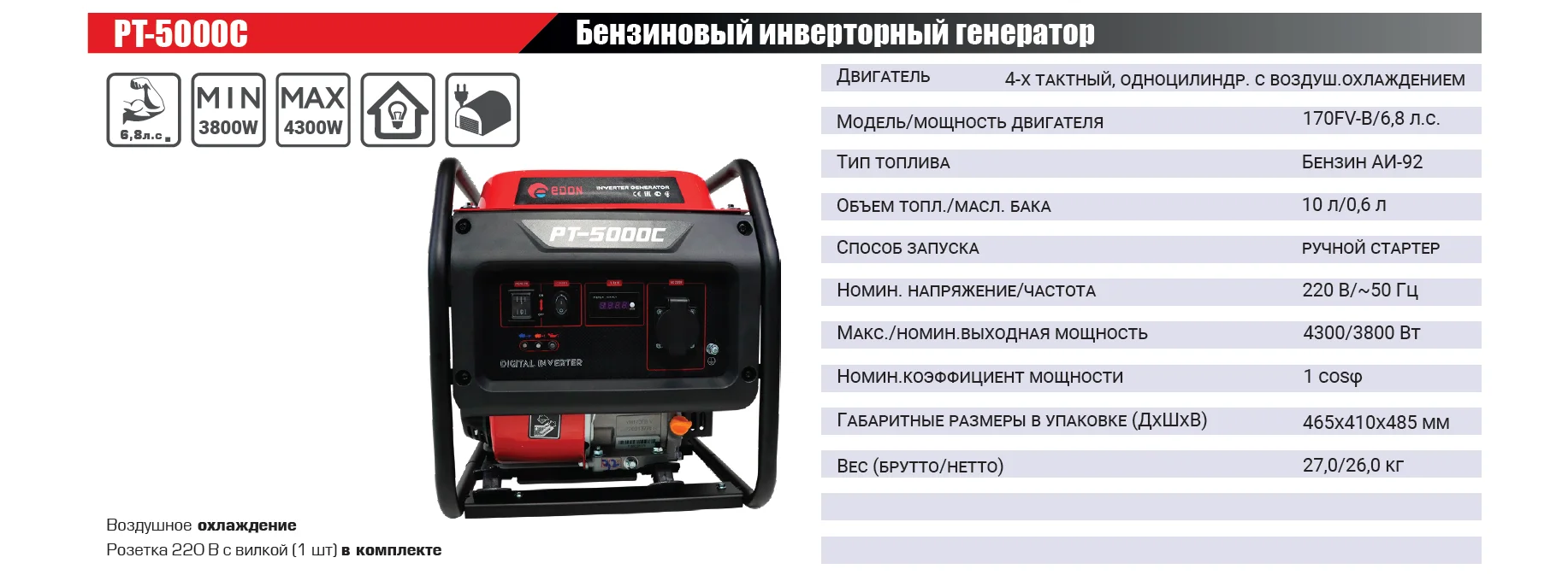 Генератор бензиновый Edon PT-5000C, ИНВЕРТОРНЫЙ 3,5/3,8 кВт, 223 см3, ручной стартер, ЕСО