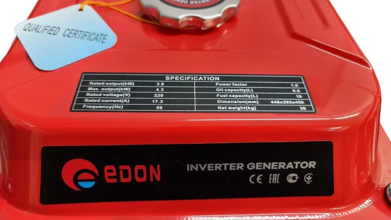 Генератор бензиновый Edon PT-5000C, ИНВЕРТОРНЫЙ 3,5/3,8 кВт, 223 см3, ручной стартер, ЕСО
