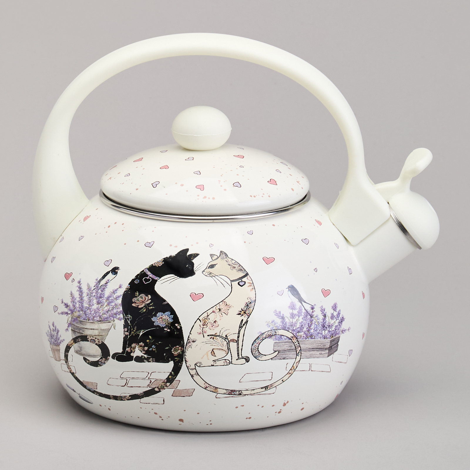 ЧАЙНИК AGNESS ЭМАЛИРОВАННЫЙ СО СВИСТКОМ СЕРИЯ "LAVENDER CATS", 2,2 Л