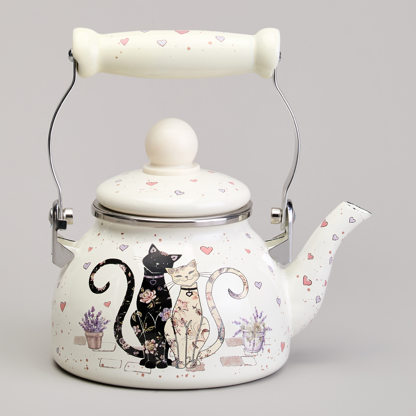 ЧАЙНИК AGNESS ЭМАЛИРОВАННЫЙ СО СЪЕМНЫМ ФИЛЬТРОМ ИЗ НЖС СЕРИЯ "LAVENDER CATS", 0,85 Л