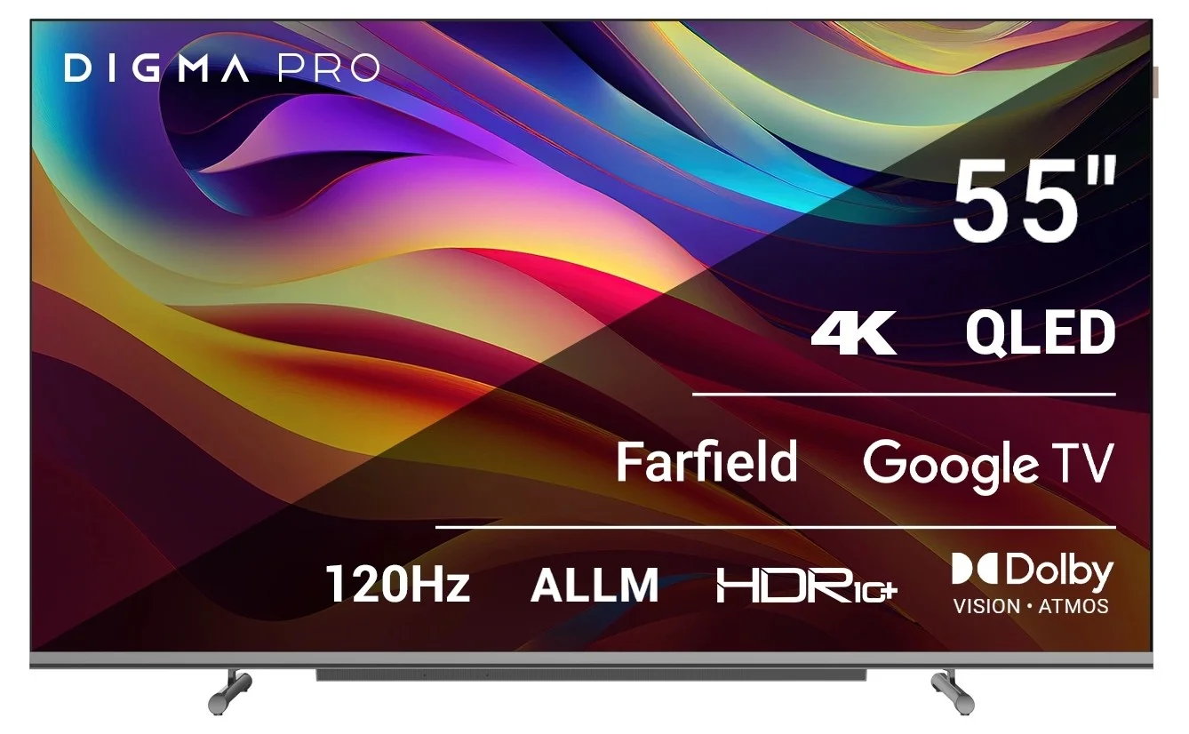 Телевизор QLED Digma Pro 65" QLED 65L Google TV Frameless черный/серебристый 4K Ultra HD 120Hz HSR DVB-T DVB-T2 DVB-C DVB-S DVB-S2 USB WiFi Smart TV