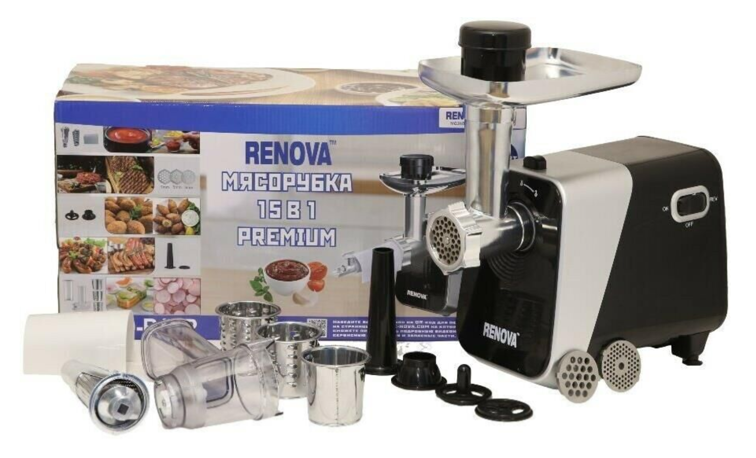 Мясорубка RENOVA MG260-R1BP 2600Вт, 15 в1, сок, шинковка,насадки для колбас, шнек соковыж