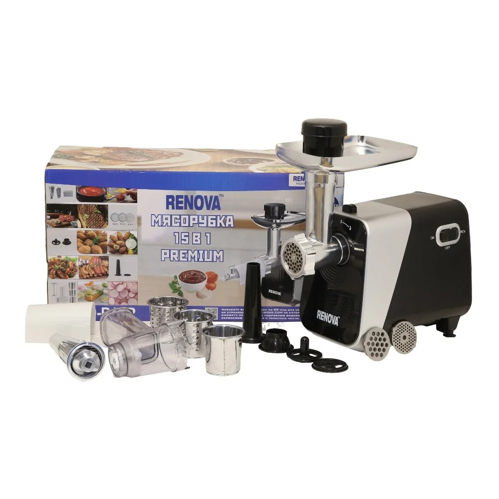 Мясорубка RENOVA MG260-R1BP 2600Вт, 15 в1, сок, шинковка,насадки для колбас, шнек соковыж