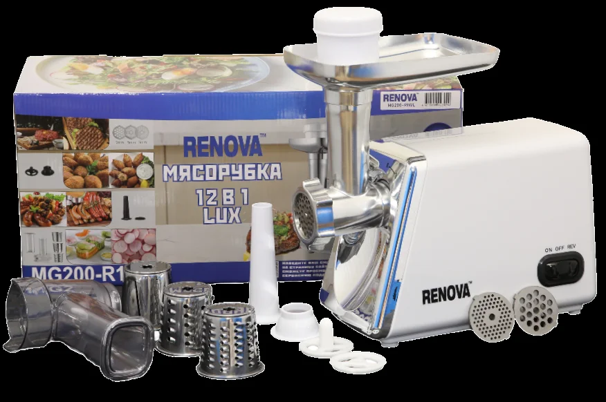 Мясорубка RENOVA MG260-R1BP 2600Вт, 15 в1, сок, шинковка,насадки для колбас, шнек соковыж