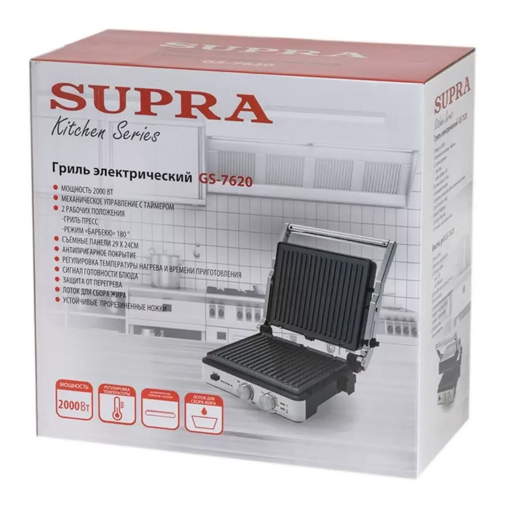 Гриль-пресс SUPRA GS-7620 Silver (2000 Вт, антипригарное покр)