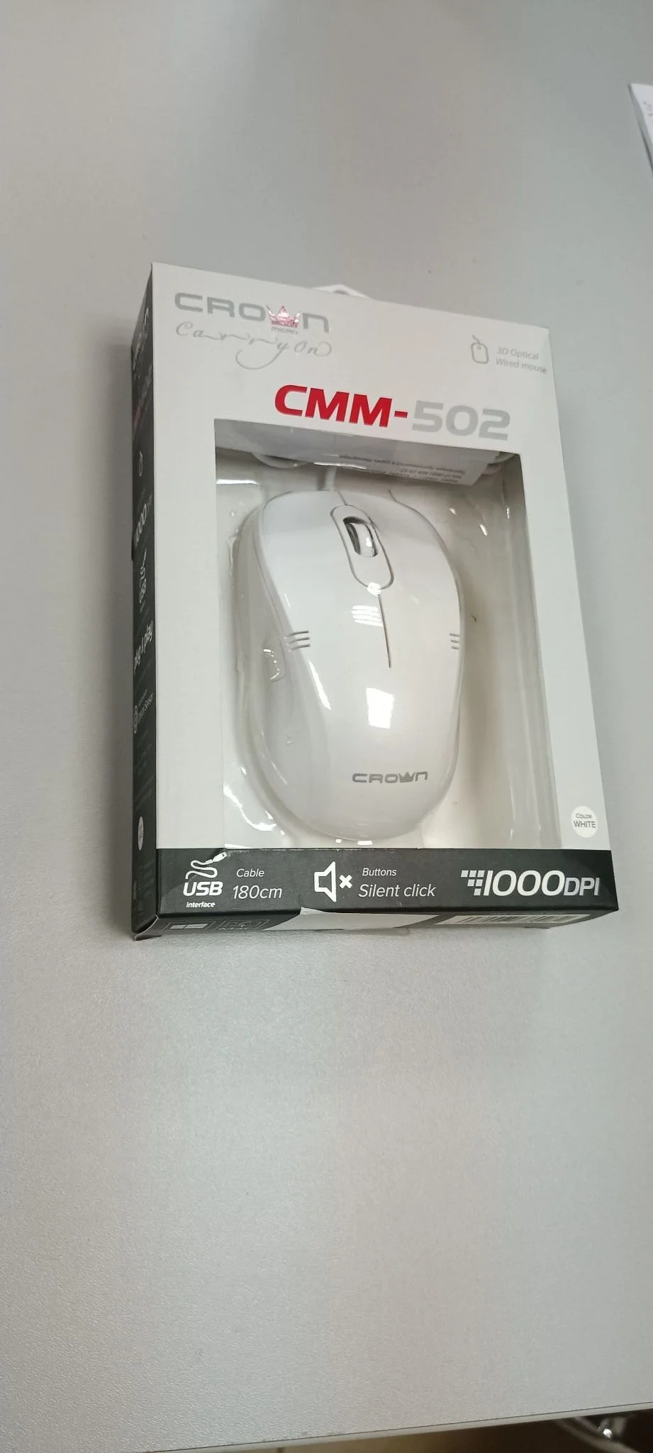 Мышь проводная Crown CMM-502 белый, 1000 dpi, USB, кнопки - 3