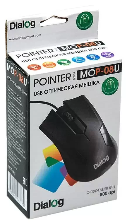 Мышь проводная Dialog Pointer MOP-08U черный, 800 dpi, USB, кнопки - 3