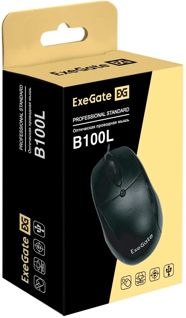 Мышь проводная ExeGate Professional Standard B100L черный, 1000 dpi, USB, кнопки - 3