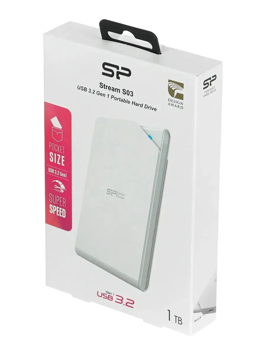 Внешний HDD 2.5" Silicon Power Stream S03, 1TB, USB 3.2 Gen 1 Type-A, 5400 rpm, белый