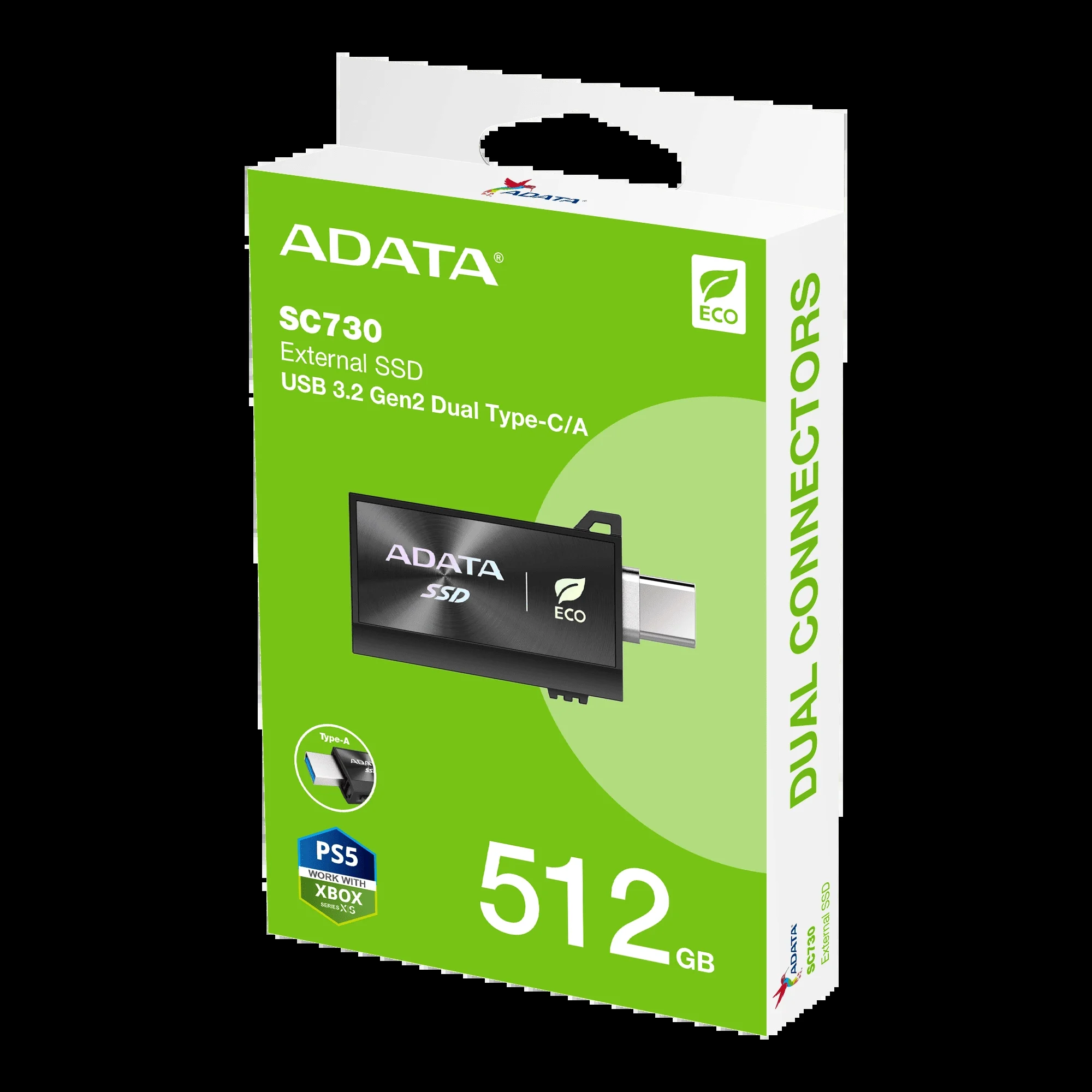 Внешний SSD ADATA SC730, 1TB, USB 3.2 Gen 2 Type-A/Type-C, R/W 600/600, черный