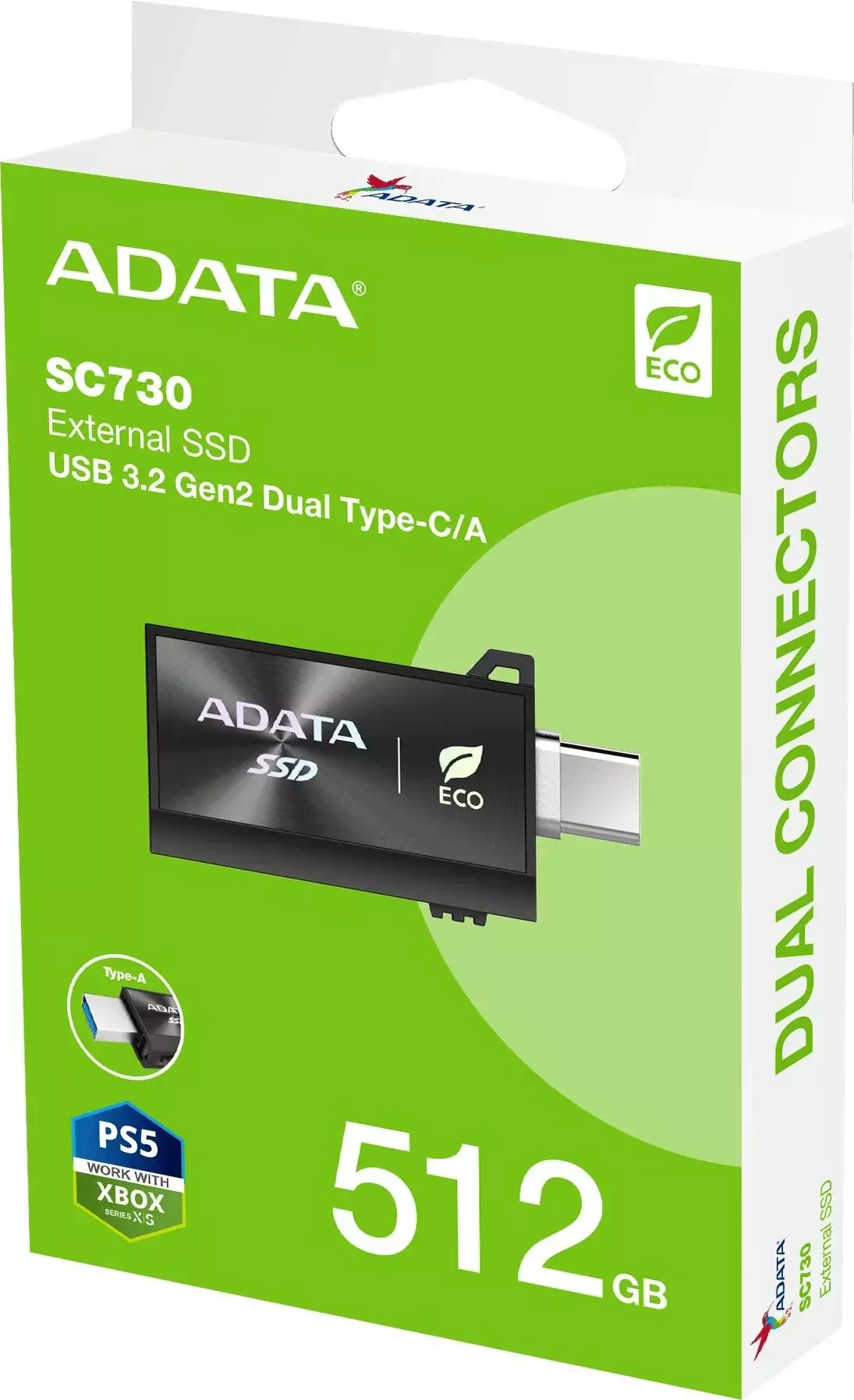 Внешний SSD ADATA SC730, 1TB, USB 3.2 Gen 2 Type-A/Type-C, R/W 600/600, черный