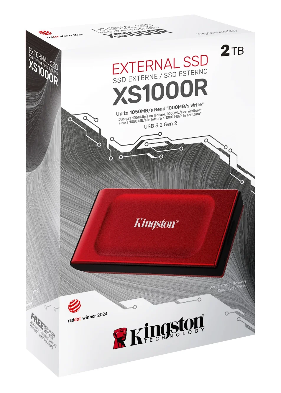 Внешний SSD Kingston XS1000, 1TB, USB 3.2 Gen 2 Type-C, R/W 1050/1000, красный