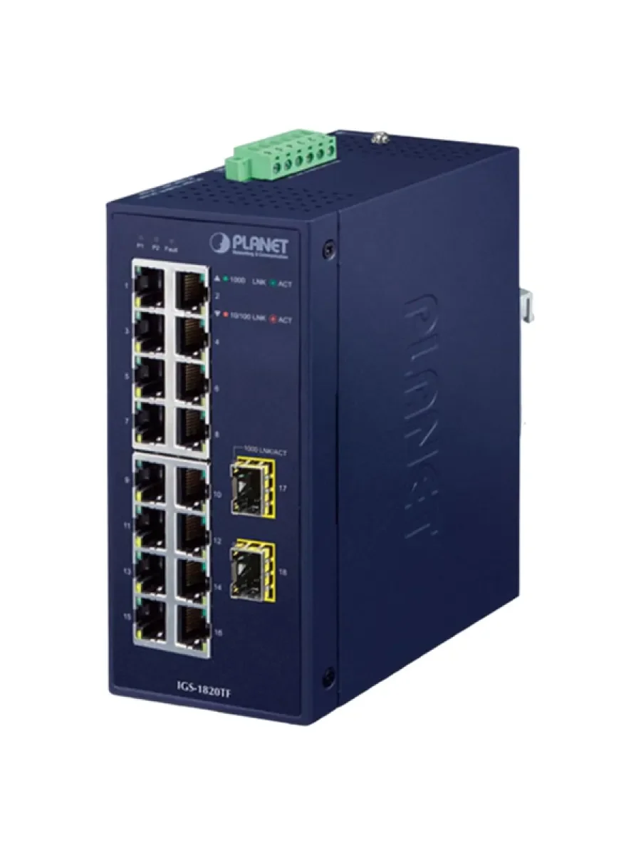 Коммутатор PLANET IGS-1820TF IP30 Industrial 16-Port 10/100/1000T + 2-Port 1000X SFP Gigabit Ethernet Switch (-40~75 degrees C, dual 12~48V DC/24V AC)
