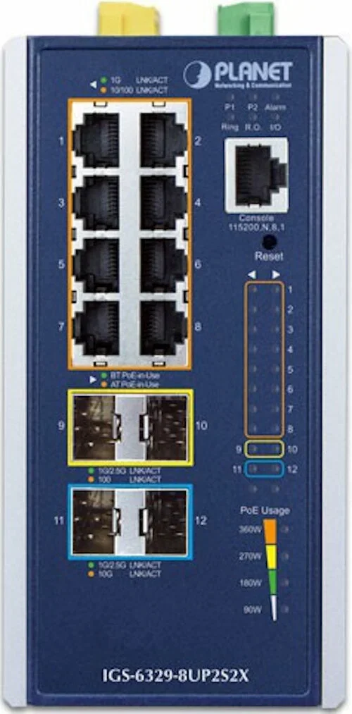 Коммутатор PLANET IGS-6329-8UP2S2X IP30 DIN-rail Industrial L3 8-Port 10/100/1000T 802.3bt PoE + 2-port 1G/2.5G SFP + 2-Port 10G SFP+ Full Managed Swi