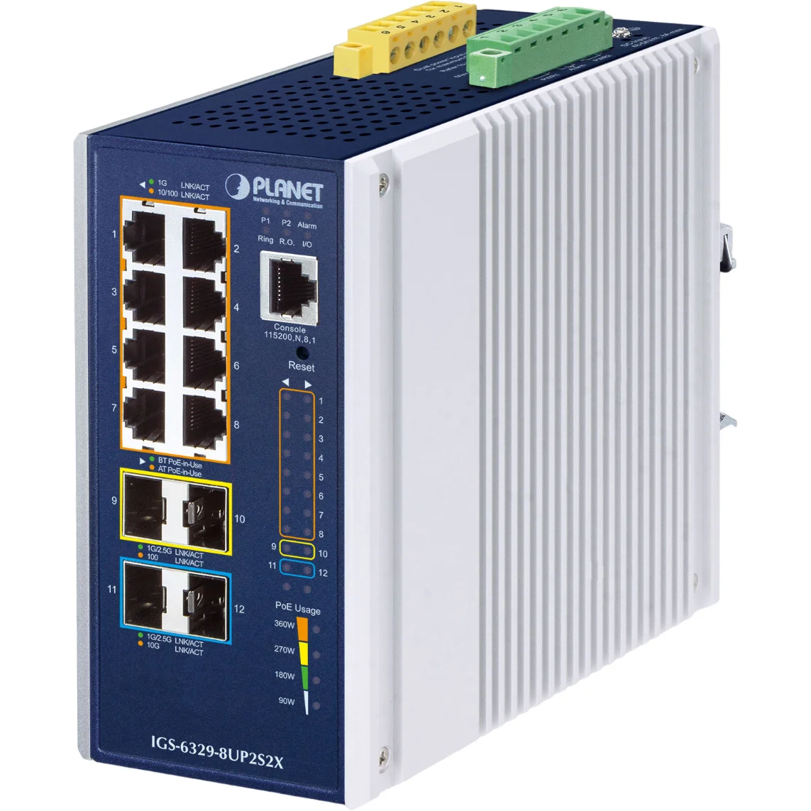 Коммутатор PLANET IGS-6329-8UP2S2X IP30 DIN-rail Industrial L3 8-Port 10/100/1000T 802.3bt PoE + 2-port 1G/2.5G SFP + 2-Port 10G SFP+ Full Managed Swi