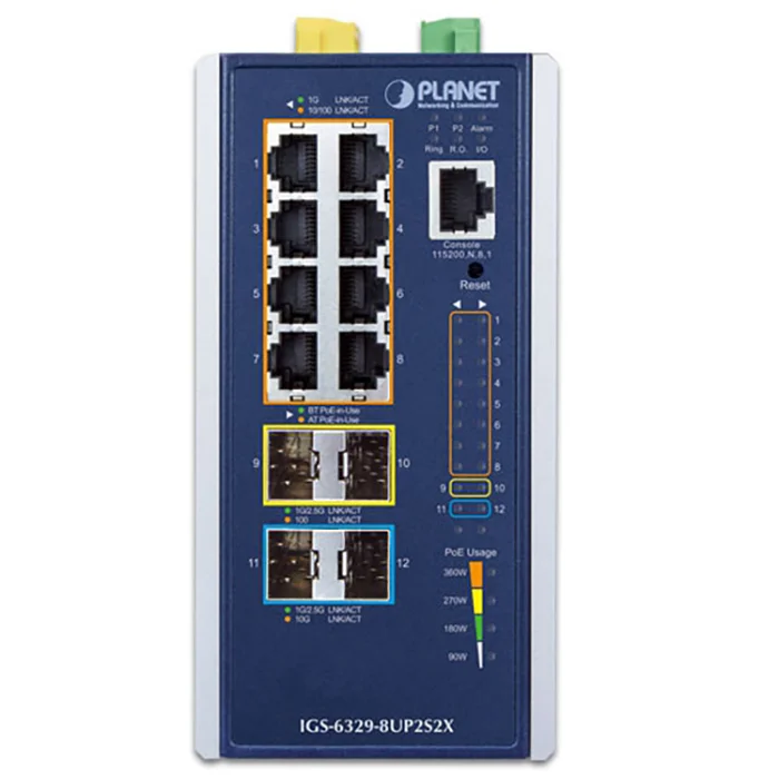 Коммутатор PLANET IGS-6329-8UP2S2X IP30 DIN-rail Industrial L3 8-Port 10/100/1000T 802.3bt PoE + 2-port 1G/2.5G SFP + 2-Port 10G SFP+ Full Managed Swi