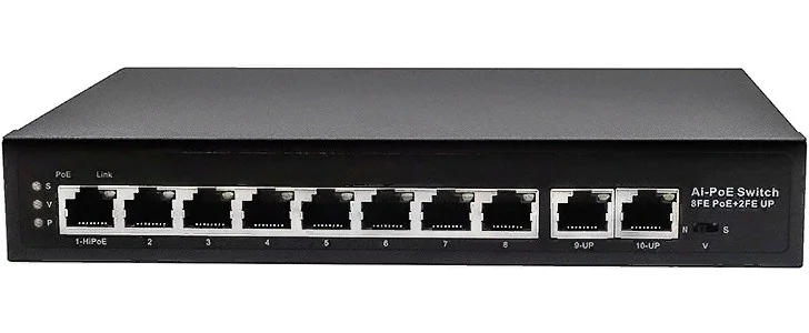 Коммутатор PoE NST NS-SW-8F2F-P - Fast Ethernet на 10 RJ45 портов. Порты: 8 x FE (10/100 Base-T) с поддержкой PoE (IEEE 802.3af/at), 2 x FE (10/100 Ba