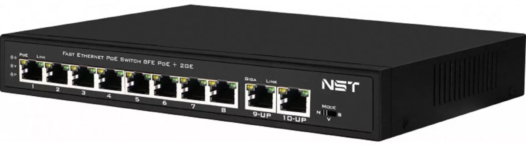 Коммутатор PoE NST NS-SW-8F2F-P - Fast Ethernet на 10 RJ45 портов. Порты: 8 x FE (10/100 Base-T) с поддержкой PoE (IEEE 802.3af/at), 2 x FE (10/100 Ba