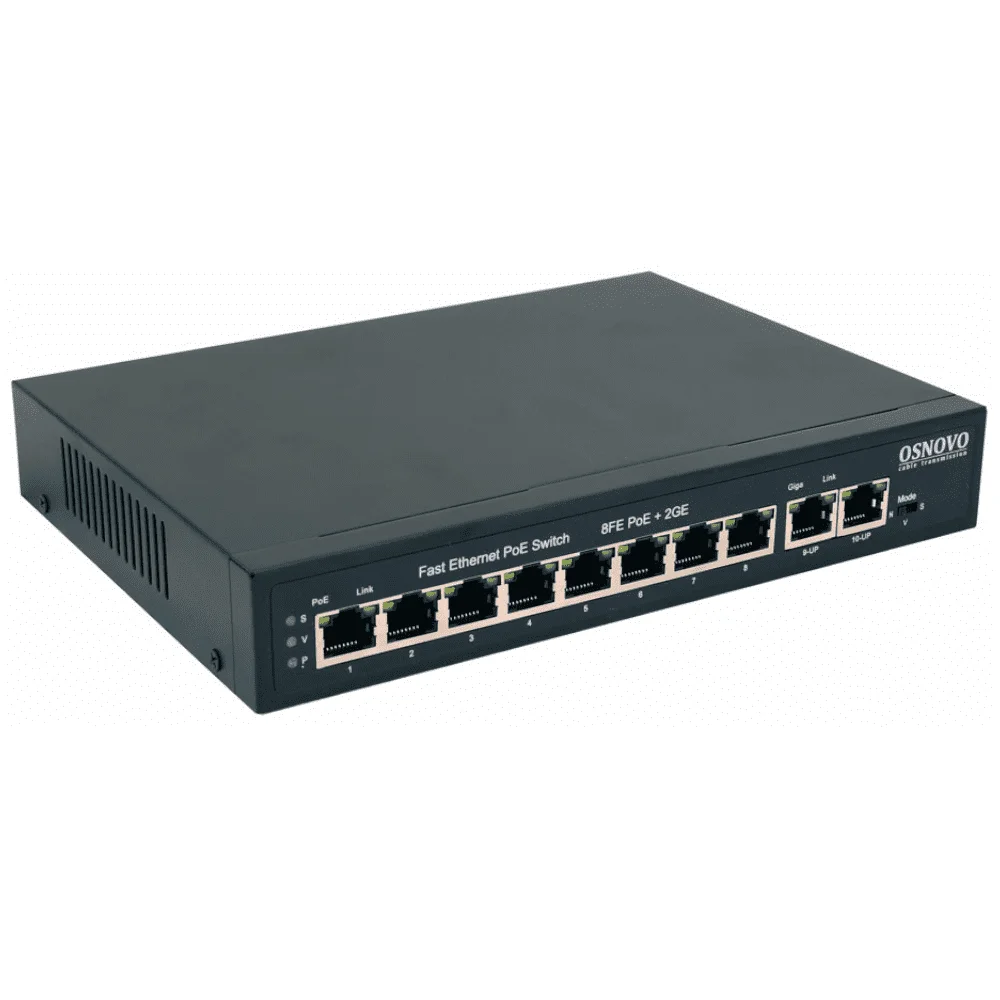 Коммутатор PoE Osnovo SW-20820(120W), 8 x FE с поддержкой PoE (IEEE 802.3af/at), 2 x GE, до 30W на порт, суммарно до 115W