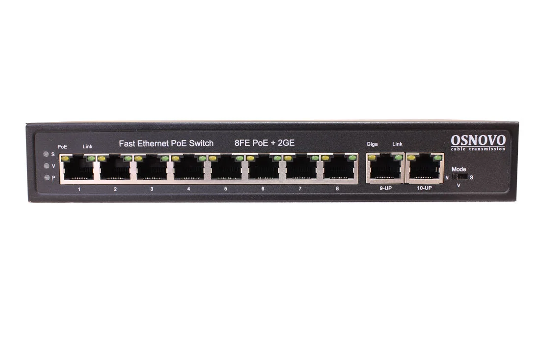 Коммутатор PoE Osnovo SW-20820(120W), 8 x FE с поддержкой PoE (IEEE 802.3af/at), 2 x GE, до 30W на порт, суммарно до 115W