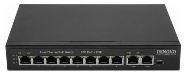 Коммутатор PoE Osnovo SW-20820(120W), 8 x FE с поддержкой PoE (IEEE 802.3af/at), 2 x GE, до 30W на порт, суммарно до 115W