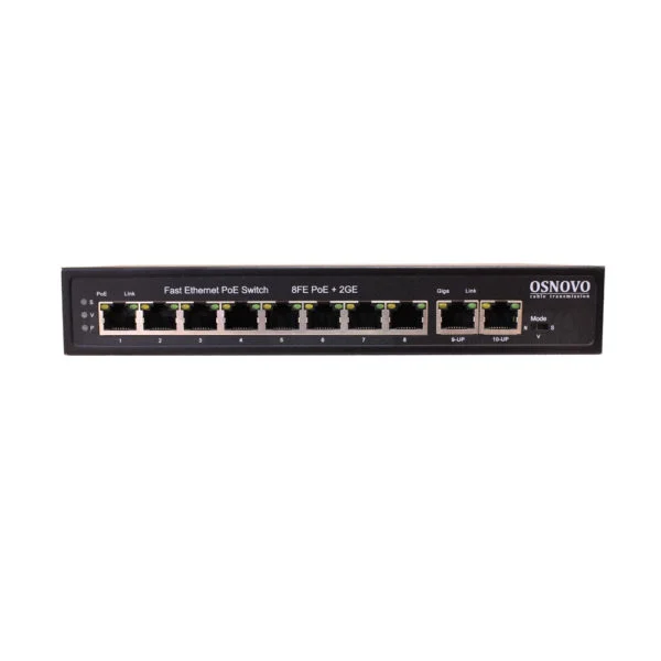 Коммутатор PoE Osnovo SW-20820(120W), 8 x FE с поддержкой PoE (IEEE 802.3af/at), 2 x GE, до 30W на порт, суммарно до 115W