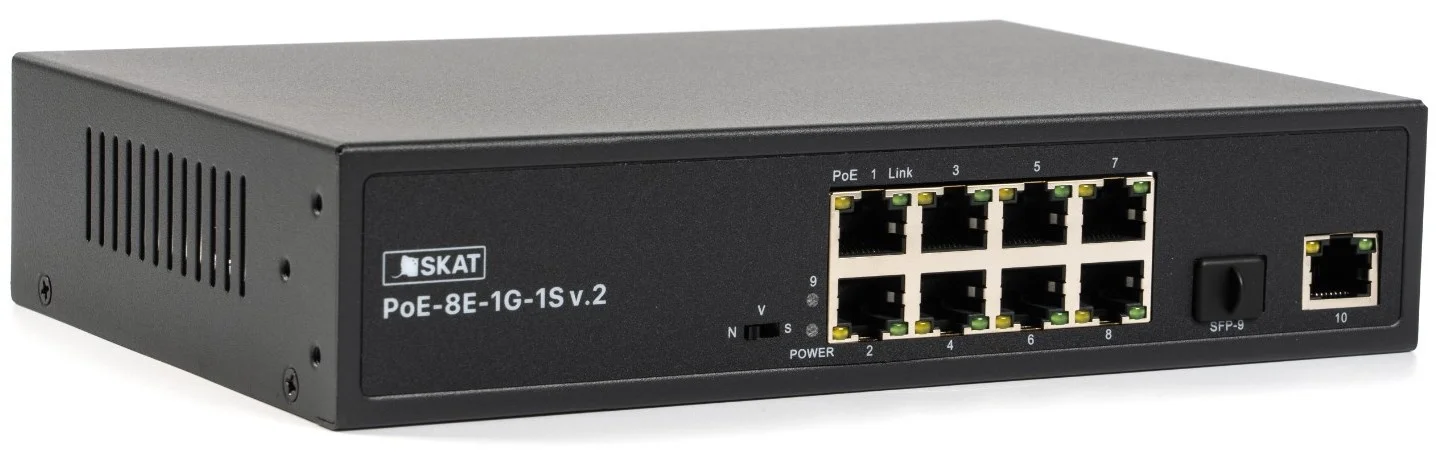 Коммутатор PoE Plus 4074 SKAT PoE-8E-1G-1S v.2 мощность 150Вт, порты: 8-Ethernet PoE, 1-Uplink, 1-SFP