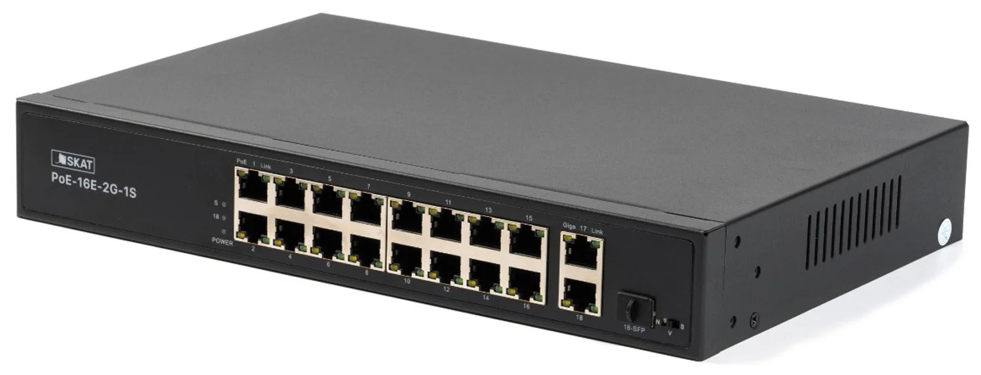 Коммутатор PoE Plus 4075 SKAT PoE-16E-2G-1S мощность 150Вт, порты:16-Ethernet, 1-Uplink, 1-COMBO