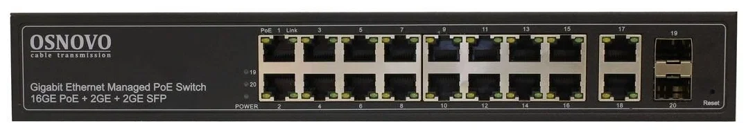 Коммутатор PoE коммутатор FE, 16 *10/100 Base-T с PoE, 2 x GE Uplink (RJ45), 1 x GE SFP Uplink, мощность PoE на порт до 30W, суммарно PoE до 292W